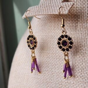 Handmade Gold and Purple Dangle Earrings